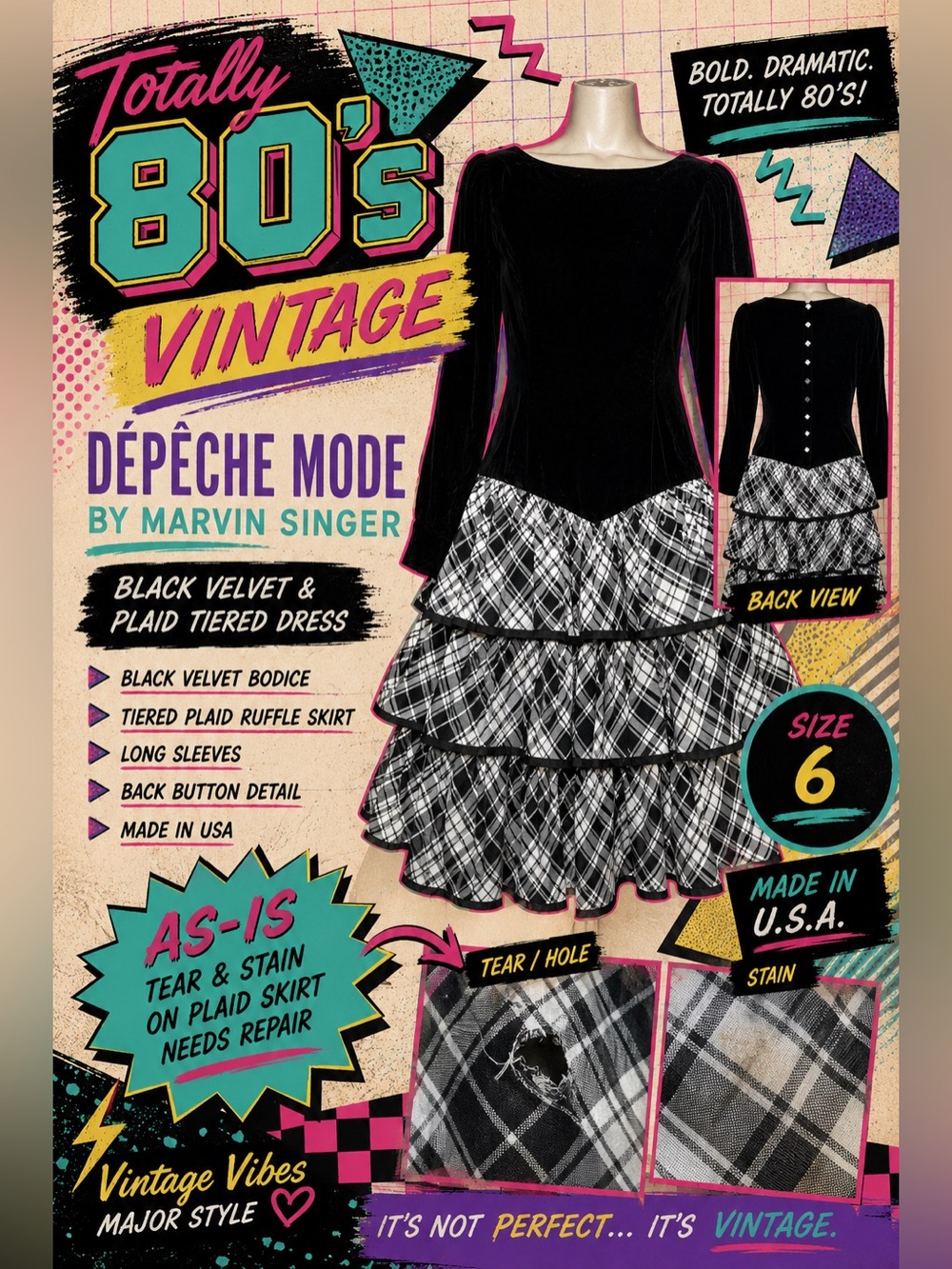 Vintage Dépêche Mode by Marvin Singer Black Velvet Plaid Tiered Dress Size 6